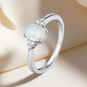 Dainty Opal Sterling Silver Ring: Minimalist Gemstone with CZ Accents