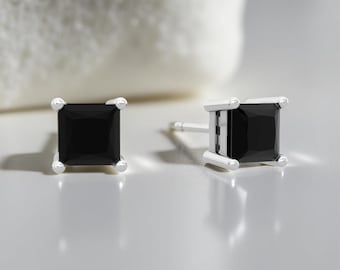 Pendientes de ónix negro: joyería minimalista de plata de ley con corte princesa