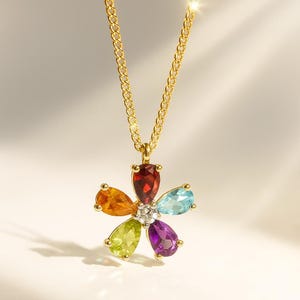 Rainbow Gemstone Flower Pendant Necklace: Gold Floral Charm