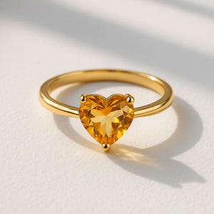 Citrine Heart Ring– Dainty Natural Gemstone in Sterling Silver or Gold– Minimalist Jewelry Gift for Her- Romantic Everyday Birthday Gift