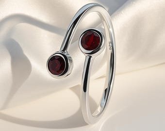 Adjustable Garnet Ring: Sterling Silver Double Gemstone Boho Jewelry