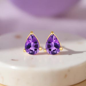 Amethyst Pear Stud Earrings: 925 Sterling Silver, February Birthstone
