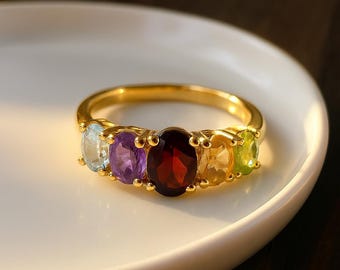 Sterling Silver Multi-Gemstone Ring • Gold Birthstone Jewelry