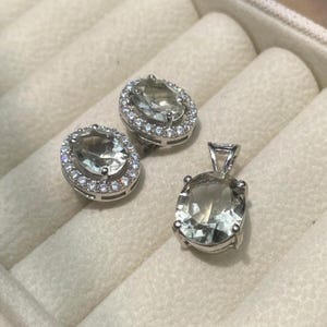 Green Amethyst Pendant & Studs Set – Natural Oval Gemstone with CZ Halo – Dainty Handmade Gift Jewelry Set – Sterling Silver Earrings