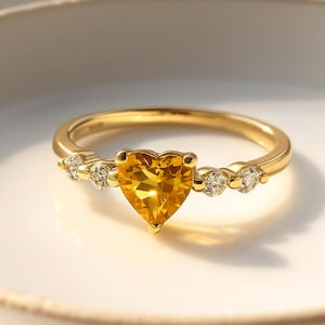 Citrine Cz Heart Ring– Dainty Natural Gemstone in Sterling Silver or Gold– Minimalist Jewelry Gift for Her- Romantic Everyday Birthday Gift