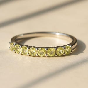 Peridot Band Ring – August Birthstone Ring in Sterling Silver – Dainty Green Gemstone Stacking Ring – Minimalist Peridot Half Eternity Ring