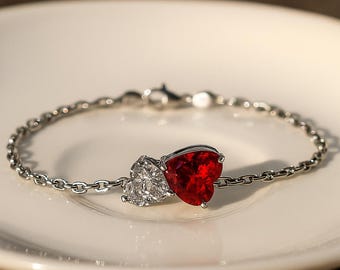 Garnet Cz Heart Bracelet: 925 Sterling Silver or Gold, January Birthstone