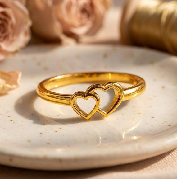 Dainty Double Heart Ring: 18K Gold Plated Sterling Silver Promise