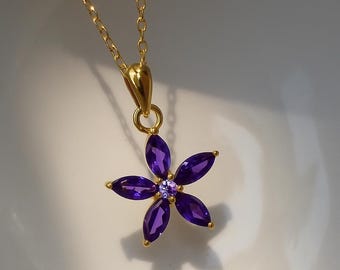 Amethyst Cz Flower Pendant Necklace: Sterling Silver February Birthstone Jewelry