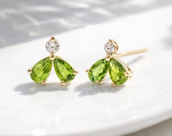 Peridot Stud Earrings, Minimal Green Gemstone Studs, Handmade Gold Plated Birthstone Earrings for Her