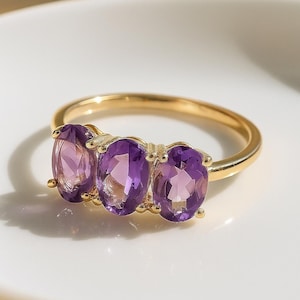 Amethyst Trilogy Ring – 3 Stone Oval Purple Gem in Sterling Silver or Gold– Dainty Handmade February Birthstone Gift for Her- Stacking Ring