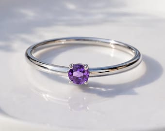 Amethyst Minimal Stacking Ring, Sterling Silver Purple February Jewelry