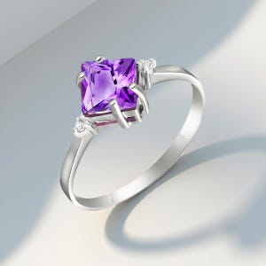 Square Amethyst Ring: 18K Gold-Plated Sterling Silver CZ Accent