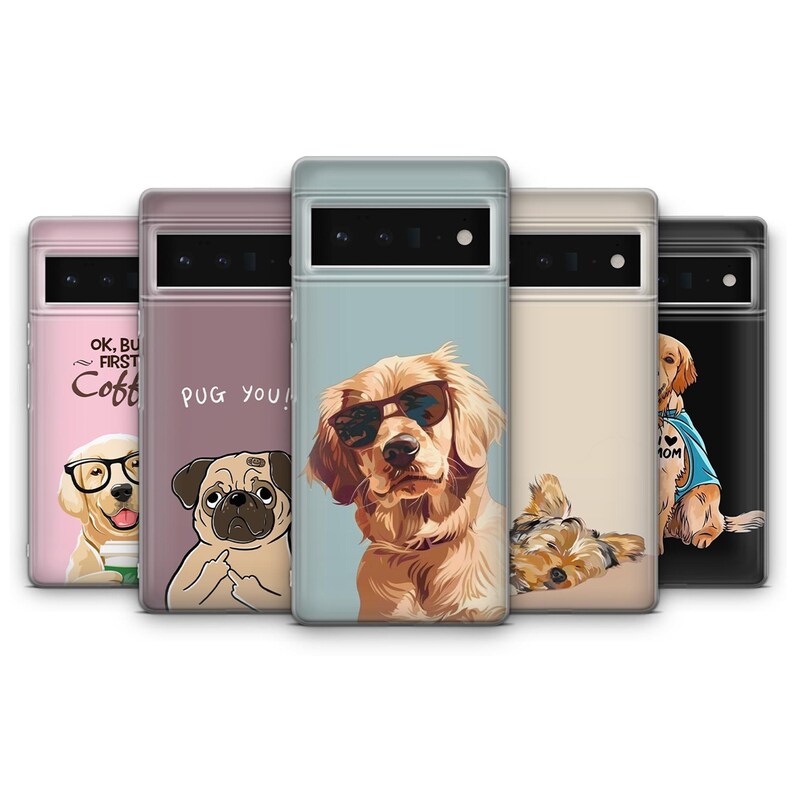May include: A collection of phone cases with dog-themed designs. The cases feature illustrations of various dog breeds, including a golden retriever wearing sunglasses, a pug, and a dog with glasses holding a coffee cup. The cases are in various colors.