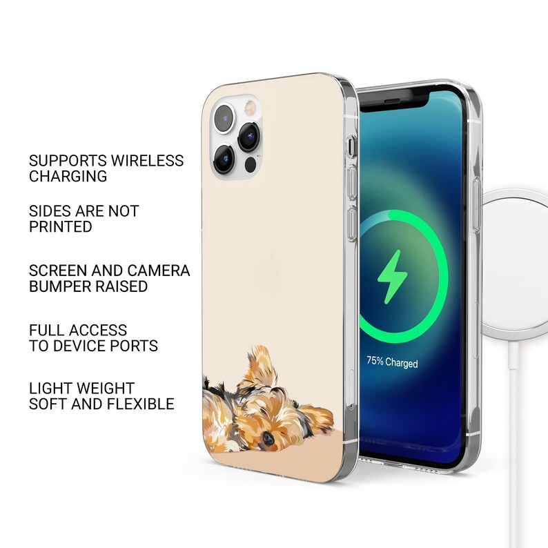 May include: A phone case with a beige background featuring a watercolor illustration of a Yorkshire Terrier. The case supports wireless charging, has raised screen and camera bumpers, and full access to device ports. The phone screen shows a charging symbol.