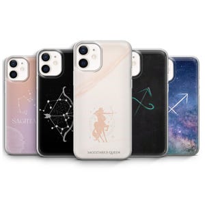 May include: Five phone cases with Sagittarius-themed designs. The cases display constellations, archer figures, and the text "SAGITTARIUS QUEEN". The cases have a clear protective outer shell. The designs include a variety of colours.