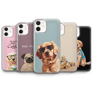 May include: A collection of phone cases featuring dog illustrations. Designs include a golden retriever wearing sunglasses, a pug, and a dog with glasses holding a coffee cup. The cases are in various colors.