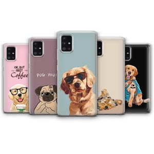 May include: A collection of phone cases featuring dog illustrations. Designs include a golden retriever with sunglasses, a pug, a golden retriever with glasses and a coffee cup, a Yorkshire Terrier, and a golden retriever with a "Mom" tattoo.