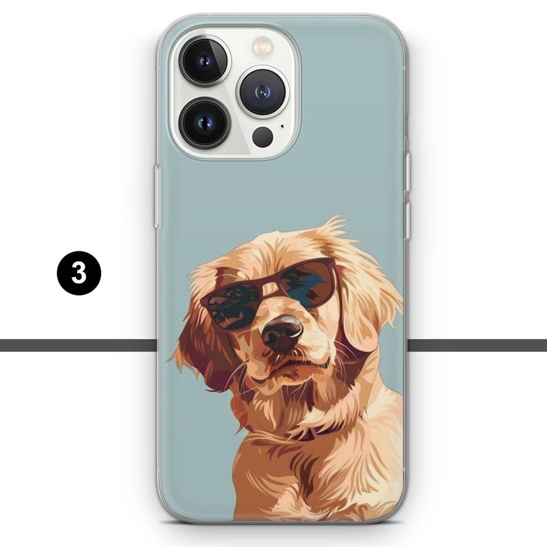 May include: A light blue phone case featuring a golden retriever wearing sunglasses. The dog is depicted in a stylized illustration, with a light blue background. The case has a clear border and a camera cutout.