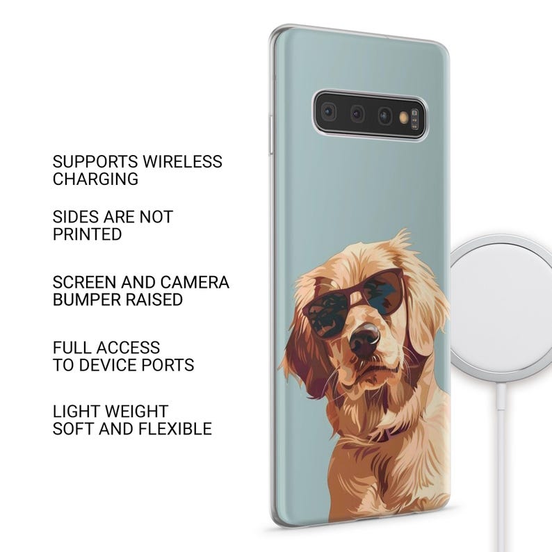 May include: A light blue phone case featuring a golden retriever wearing sunglasses. The case has the following features: supports wireless charging, sides are not printed, screen and camera bumper raised, full access to device ports, and is light weight and flexible.