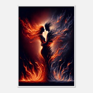 Feuer und Eis Liebespaar Wandbild – Fantastisches Paar Poster mit Flammen & Rauch – Romantische Deko fürs Schlafzimmer oder als Geschenk