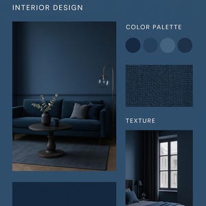 Blue Moody Interior Design Moodboard Template | Editable Canva + A3 Printable