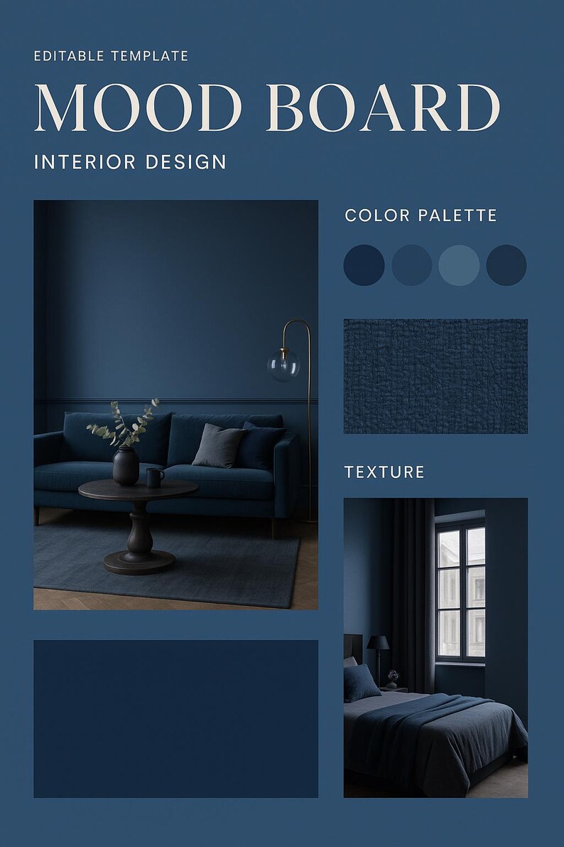 Blue Moody Interior Design Moodboard Template | Editable Canva + A3 ...