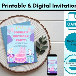 Kaninchen-Geburtstagseinladung Mädchen, bearbeitbare Canva-Vorlage, 13.Geburtstag einladen, Frühlingsparty, Osterthema, Mobile & Print