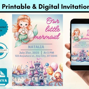 Our Little Mermaid birthday invitation, editable Canva template, under the sea invite girl, ocean party theme, instant digital download