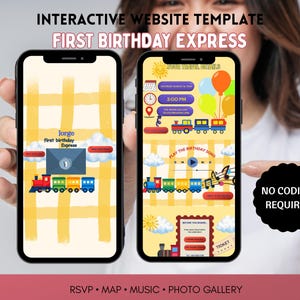May include: Two smartphones displaying an interactive website template titled First Birthday Express. The design features a yellow plaid background, a colourful train graphic, clouds, and party icons. Text includes RSVP, Map, Music, and Photo Gallery.