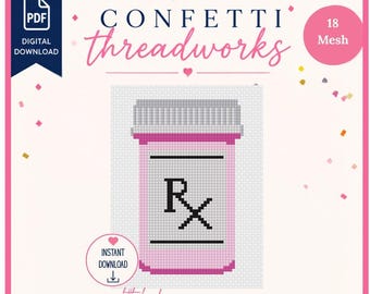 Pink Prescription Bottle Rx Needlepoint Design | Digital PDF and Stitchly Pattern | 18 Mesh | Instant Download