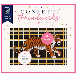 May include: A digital needlepoint pattern featuring a tiger walking across a black, white, and gold plaid background. The design includes the text Confetti Threadworks, 18 Mesh, and Instant Download with a PDF icon on a white background.