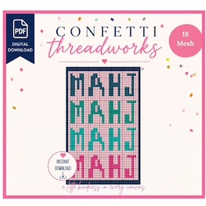 麻雀「MAHJ」バッグタグ ニードルポイント図案 | デジタルPDFとStitchlyパターン | 18メッシュ | 即時ダウンロード