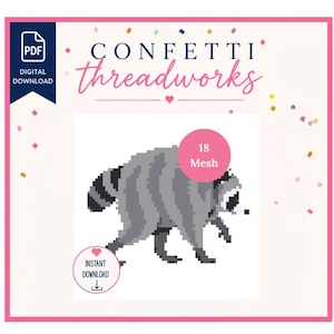 May include: A digital PDF download pattern by Confetti Threadworks featuring a pixelated raccoon graphic. The design includes a pink circular badge labelled 18 Mesh and a pink circular badge labelled Instant Download with a downward arrow icon.