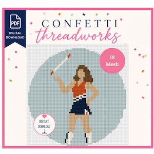 May include: A digital cross-stitch pattern by Confetti Threadworks featuring a pixelated figure in a red and navy uniform holding a baton. The design is set against a light blue circular background with 18 mesh text and an instant download icon.