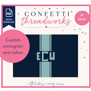 May include: A digital download needlepoint canvas design by Confetti Threadworks featuring a dark navy blue background with a central light blue vertical stripe and the monogram ECW in light blue block letters, labeled as 18 Mesh.