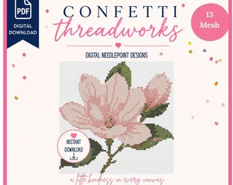 Magnolia Flower Needlepoint Design | Digital PDF and Stitchly Pattern | 13 Mesh | Instant Download
