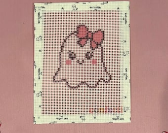 Bow Ghost Halloween Needlepoint Canvas | 13 Mesh | 4 x4" | Modern Needlepoint | Ready to Stitch