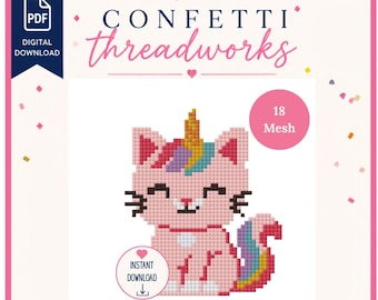 Unicorn Kitty Cat Needlepoint Design | Digital PDF and Stitchly Pattern | 18 Mesh | Instant Download