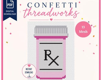 Pink Prescription Bottle Rx Needlepoint Design | Digital PDF and Stitchly Pattern | 13 Mesh | Instant Download