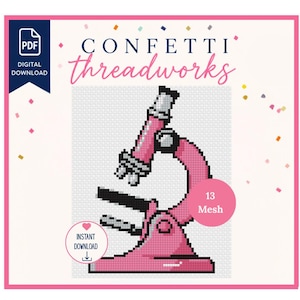 May include: A digital cross-stitch pattern featuring a pink microscope with black outlines and grey accents. The design includes the text "CONFETTI threadworks", a "PDF DIGITAL DOWNLOAD" icon, and a circular badge stating "13 Mesh" and "INSTANT DOWNLOAD".