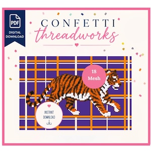 May include: A digital download PDF needlepoint pattern by Confetti Threadworks featuring a pixelated tiger walking across a purple and orange plaid background. The design includes a pink circular badge labeled 18 Mesh and an instant download icon.