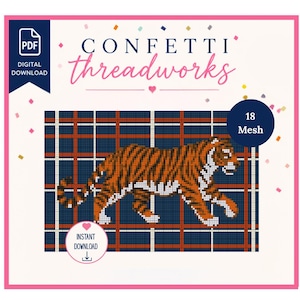 May include: A digital needlepoint pattern featuring a tiger walking across a dark blue plaid background with white and orange lines. The design includes the text "CONFETTI threadworks", "PDF DIGITAL DOWNLOAD", "18 Mesh", and "INSTANT DOWNLOAD".