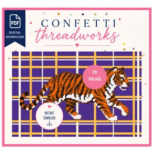 May include: A digital download PDF pattern by Confetti threadworks featuring a pixelated tiger graphic over a purple and yellow plaid background. The design includes circular overlays labeled 18 Mesh and Instant Download with a downward arrow icon.