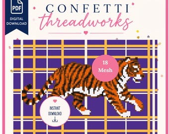 Gráfico de bordado para carteira com estampa de tigre roxo e dourado | PDF digital, JPEG e padrão Stitchly | 18 pontos | Download instantâneo