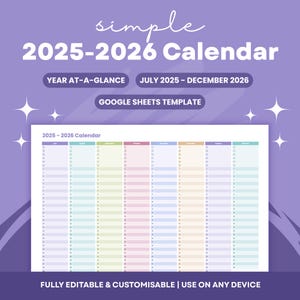Edytowalny arkusz kalkulacyjny kalendarza na lata 2025–2026 dla Arkuszy Google