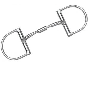 May include: A silver-colored metal horse bit featuring a D-shaped ring on each side and a central jointed mouthpiece. The smooth, polished surface reflects light, highlighting the curved design of the cheek pieces and the straight bar segments.