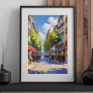 Paris Digital Poster – Sunny Parisian Street with Cafe Terraces – Vintage Illustration to Print, French Wall Art