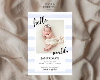 May include: A birth announcement card with a photo of a sleeping baby wrapped in a blanket. The card has blue and white stripes and the words "hello world" in script. The baby's name, birth date, time, weight (7 lbs 4 oz), and length (21 inches) are also listed.