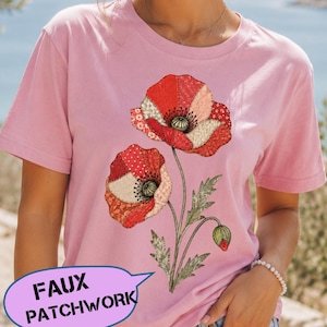 Camiseta com estampa de papoula, camiseta com efeito patchwork, camiseta com estampa de flores silvestres, camiseta floral estilo cottagecore, presente para amantes da botânica